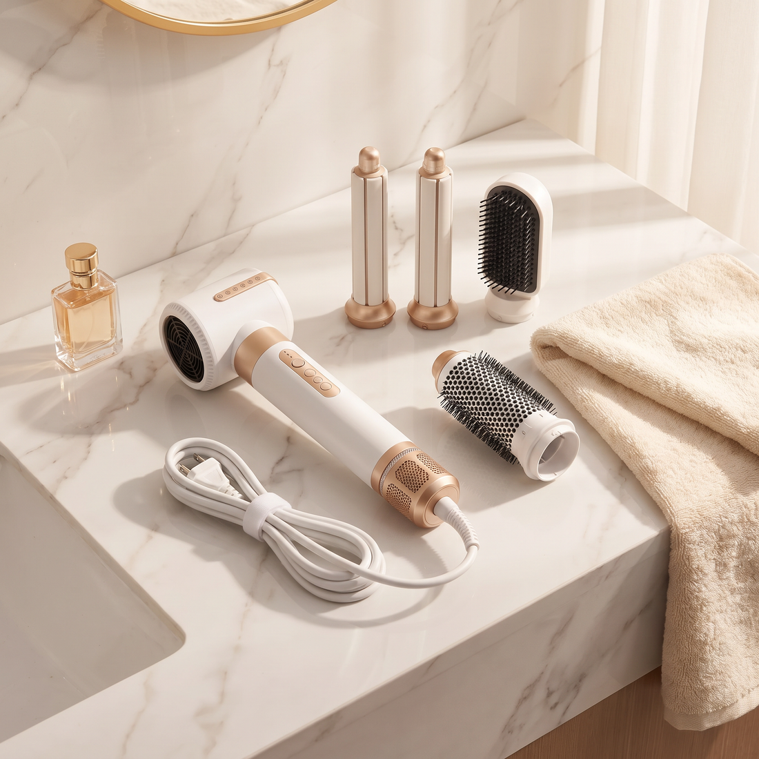 Hair Styler Aura blanc et or et ses embouts sur marbre blanc