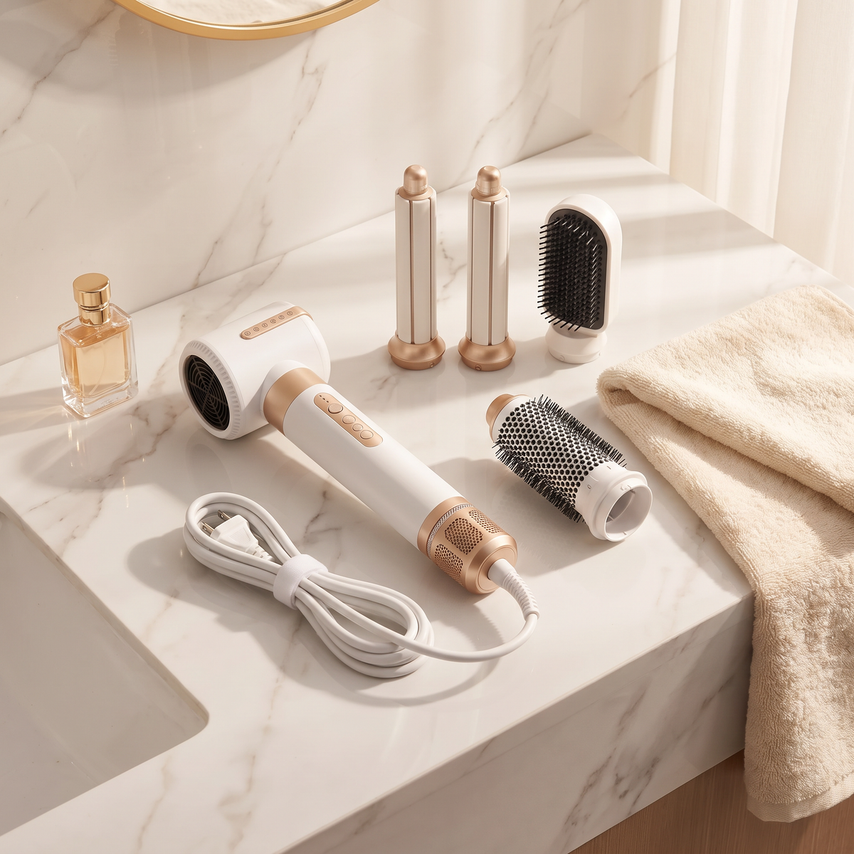Hair Styler Aura blanc et or et ses embouts sur marbre blanc